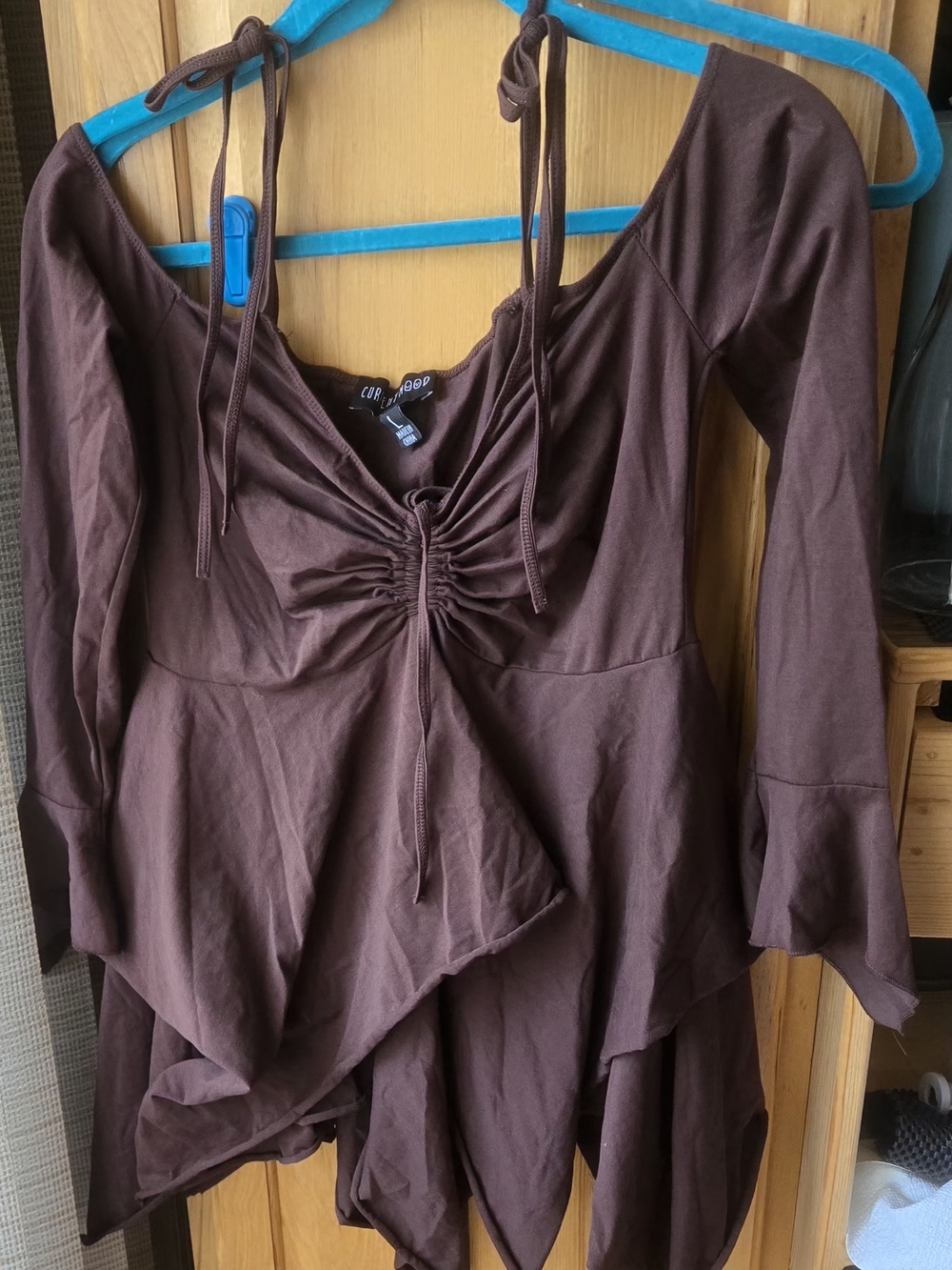 Current Mood Brown Ruched Long-Sleeve Tie-Shoulder Dress